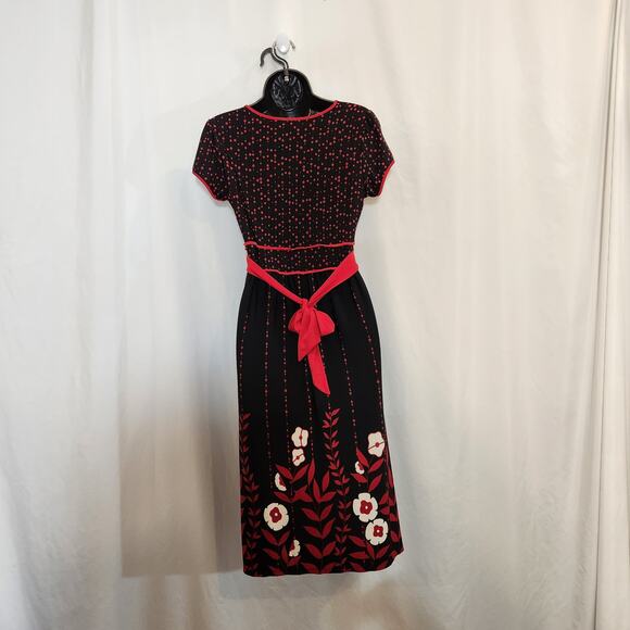 APT 9 Black Red Floral Dot Dash Artsy Art To Wear Midi Dress Pin Up Womens M - Picture 3 of 10